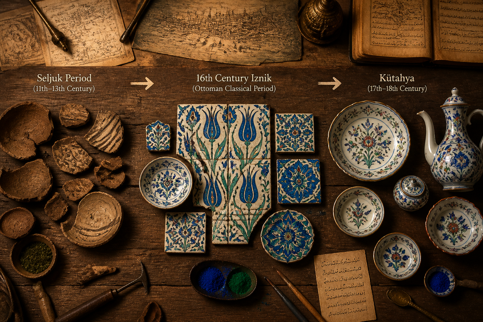 () editorial image depicting a dramatic overhead aerial view of an Ottoman-era ceramic workshop timeline: a visual
