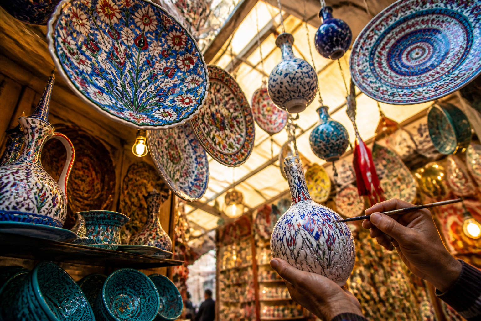 () vibrant street-level scene inside a bustling Turkish ceramic bazaar, shot from a low angle looking upward through rows of