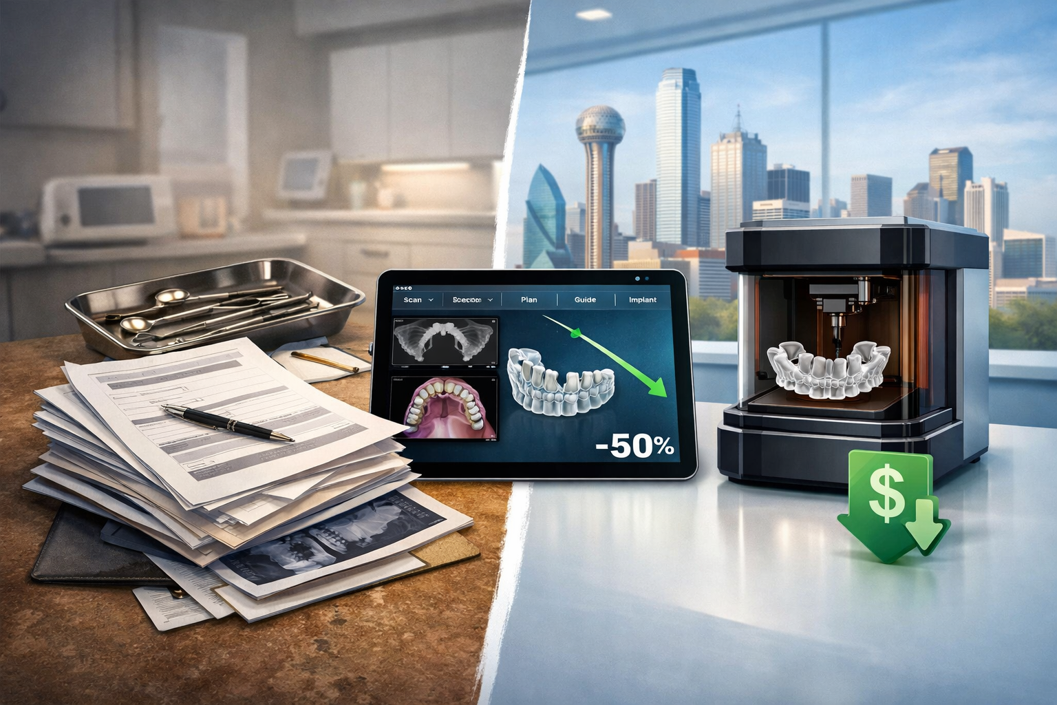 A detailed () image focusing on the 'Savings' aspect of digital dentistry in dental implants. The image depicts a split