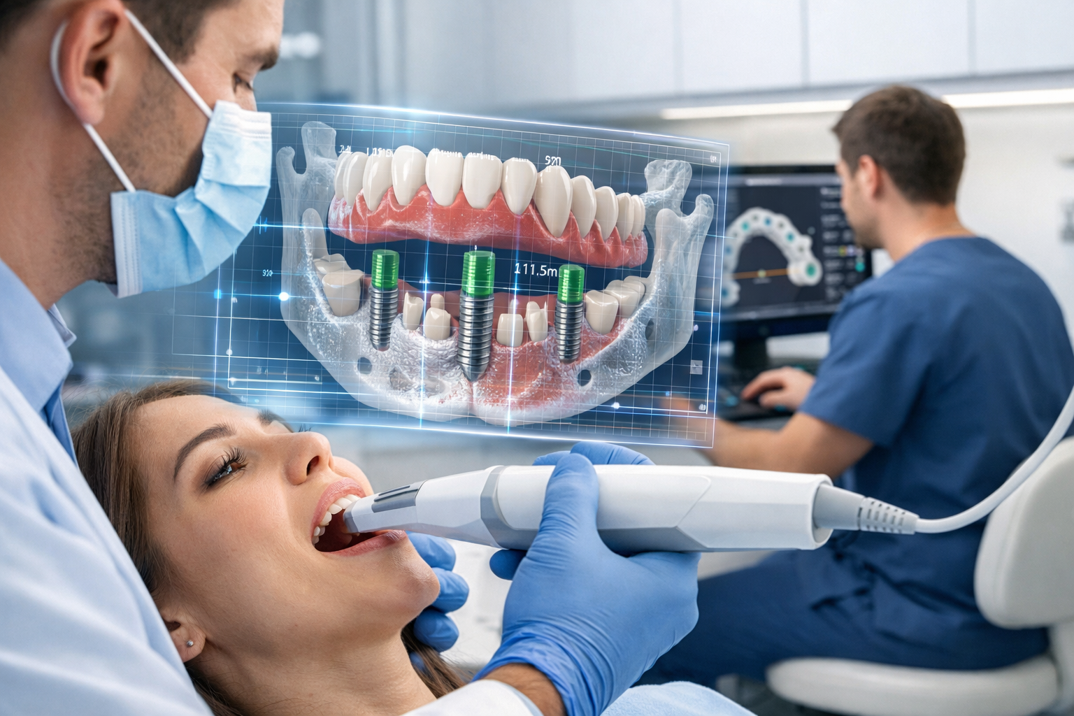 A detailed () image emphasizing 'Precision and Efficiency' in digital dentistry for dental implants. The visual features a