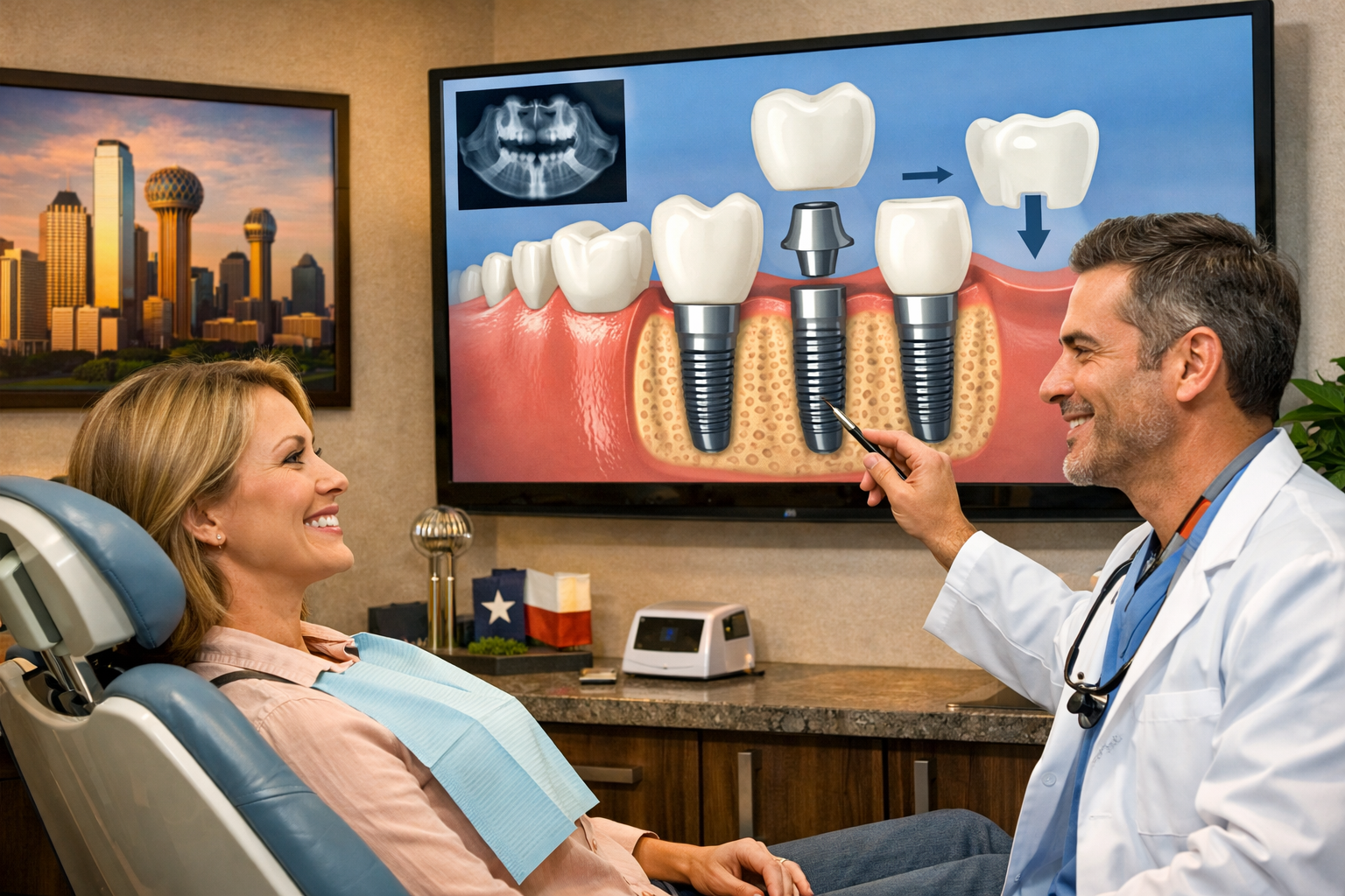 A detailed () image illustrating 'Enhanced Patient Experience' with digital dentistry in Dallas. The image shows a relaxed,