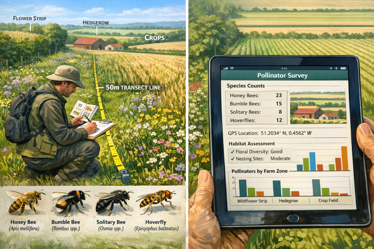 () detailed illustration showing comprehensive pollinator survey methodology in agricultural setting. Split-screen