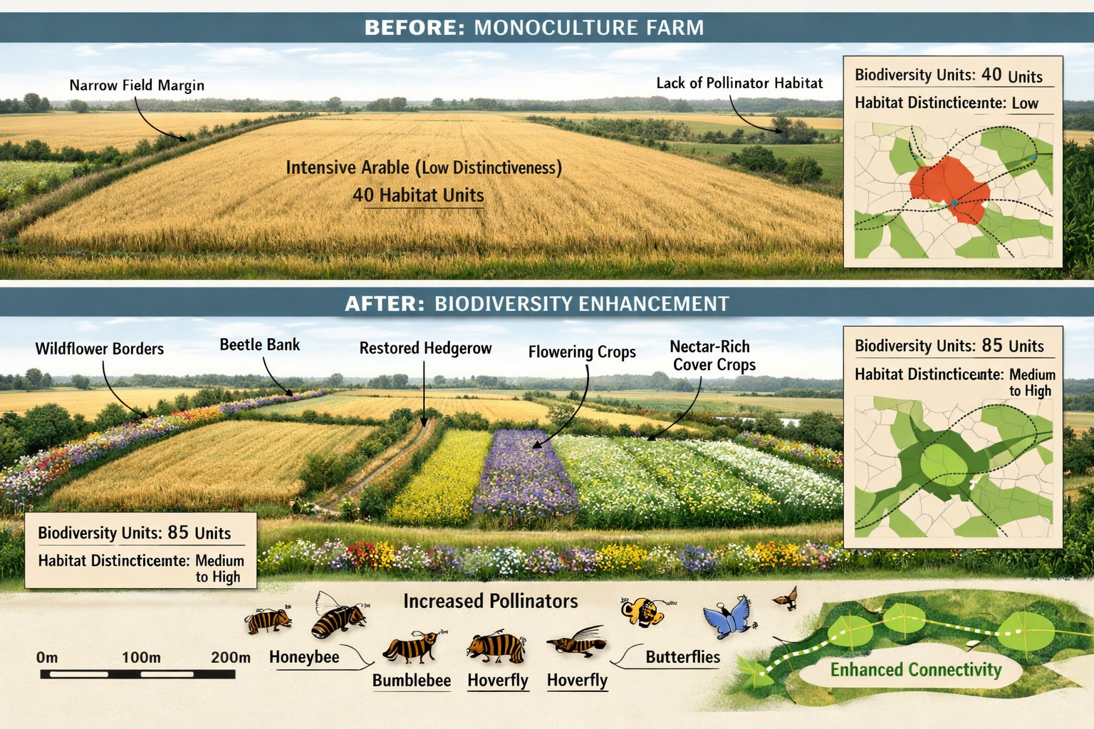 () detailed agricultural biodiversity enhancement visualization showing before-and-after farm transformation for