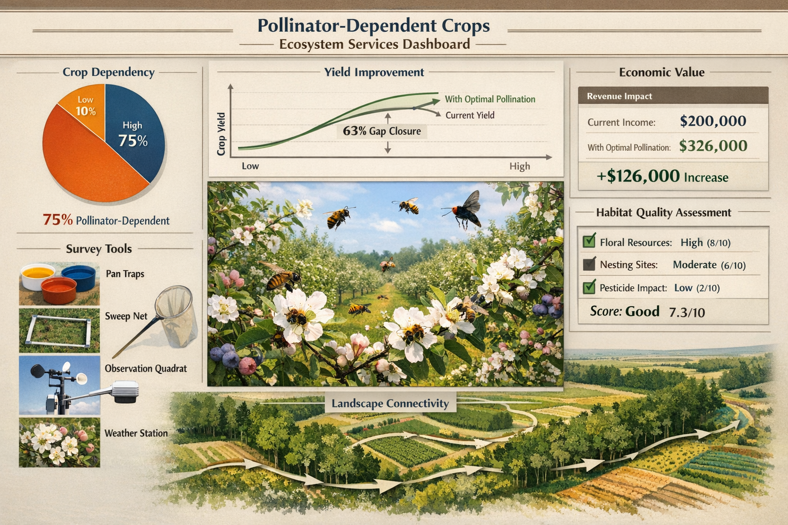 () comprehensive ecosystem services quantification dashboard for pollinator-dependent crops. Central focus shows productive