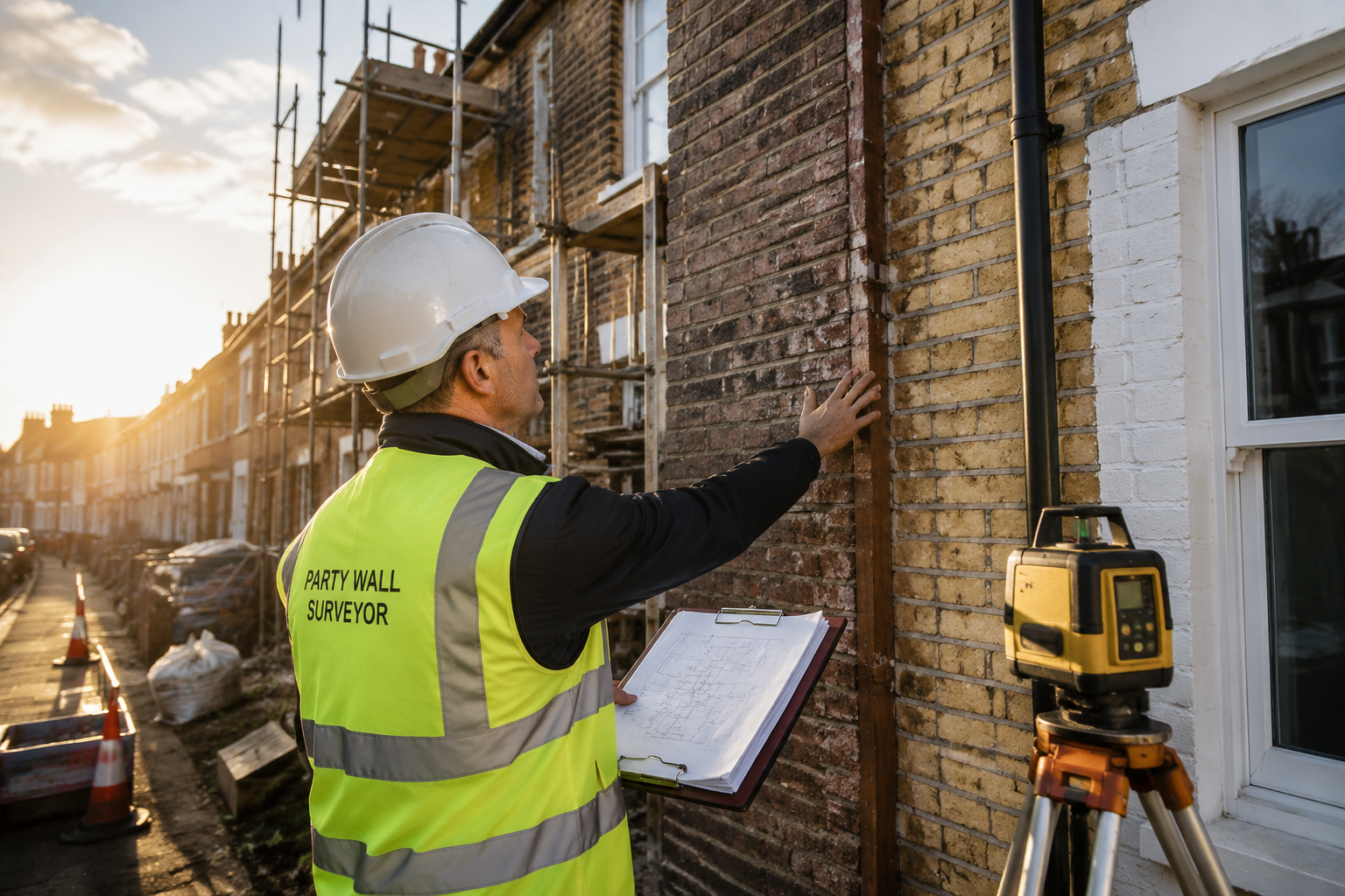 Wide-angle ground-level photograph of a professional party wall surveyor in a hard hat and hi-vis vest examining a shared