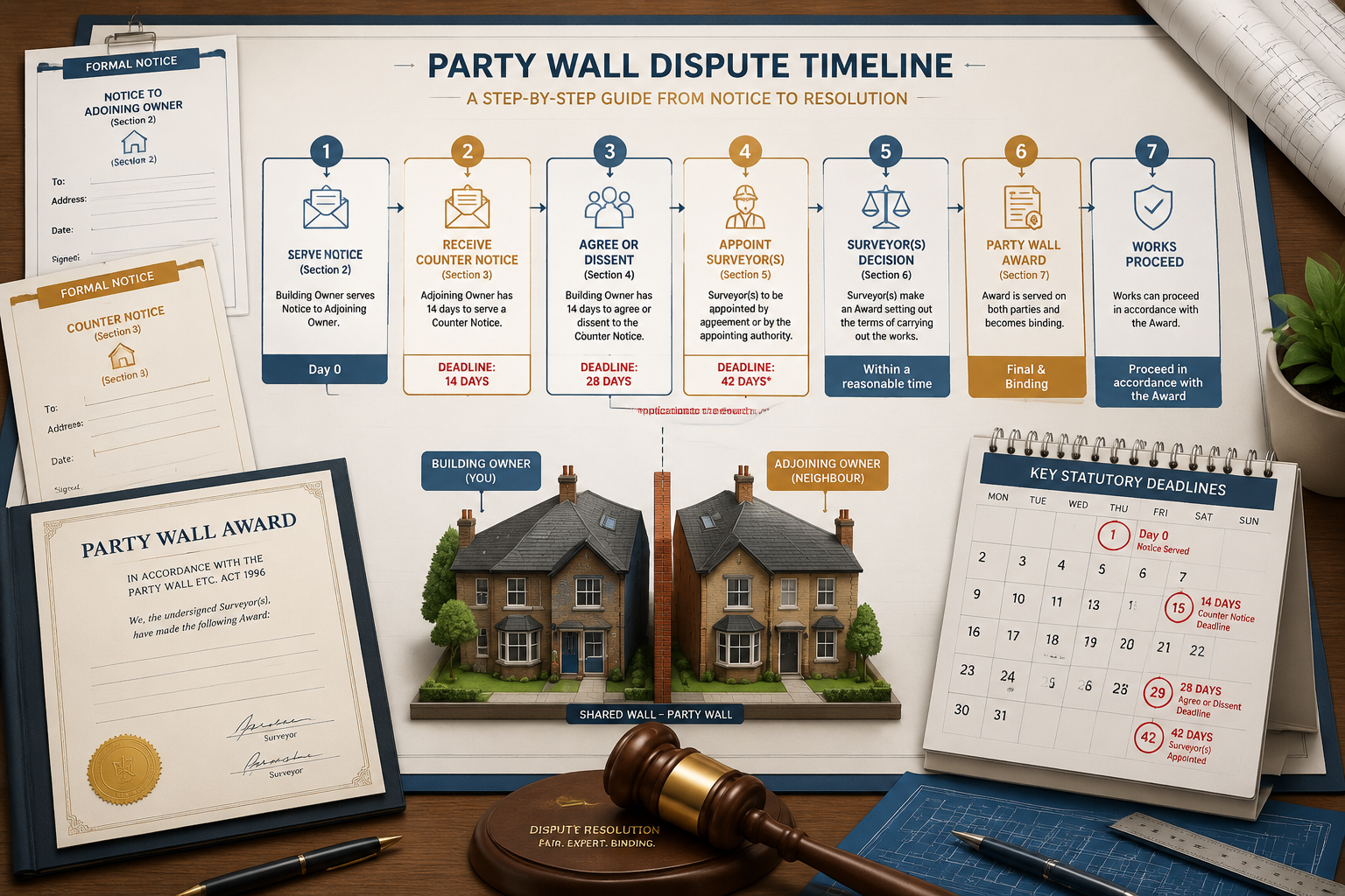 Overhead flat-lay infographic-style illustration showing a party wall dispute timeline flowchart on a drafting table, with