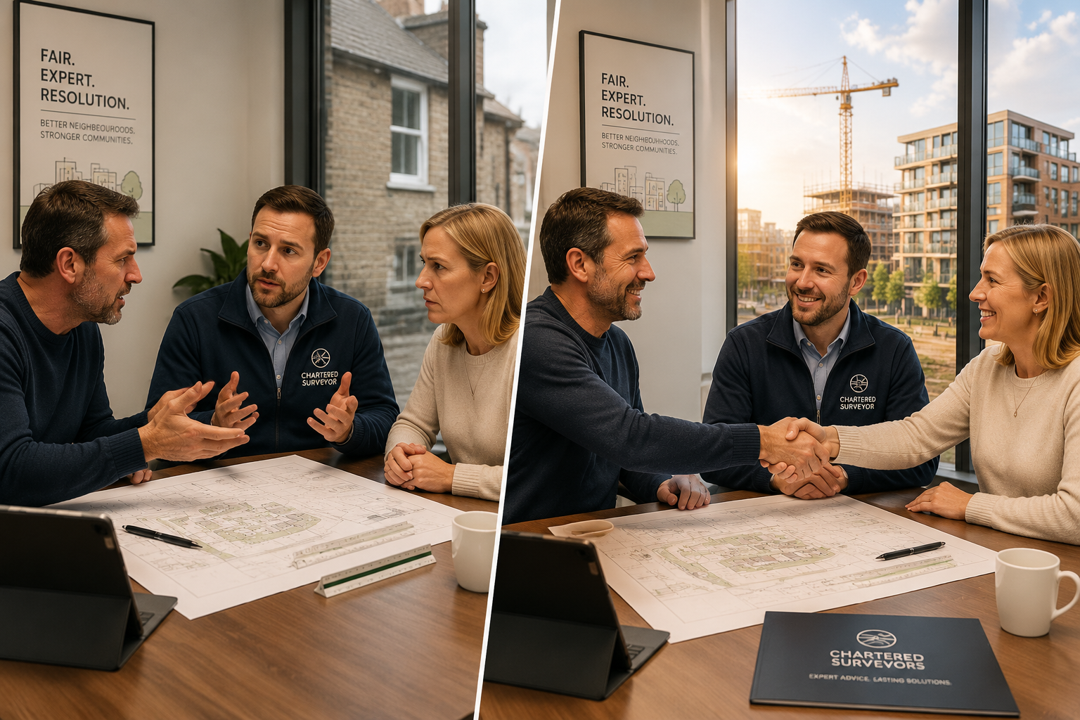 Split-scene editorial photograph showing left side a tense meeting between two neighbours and a mediating surveyor around a