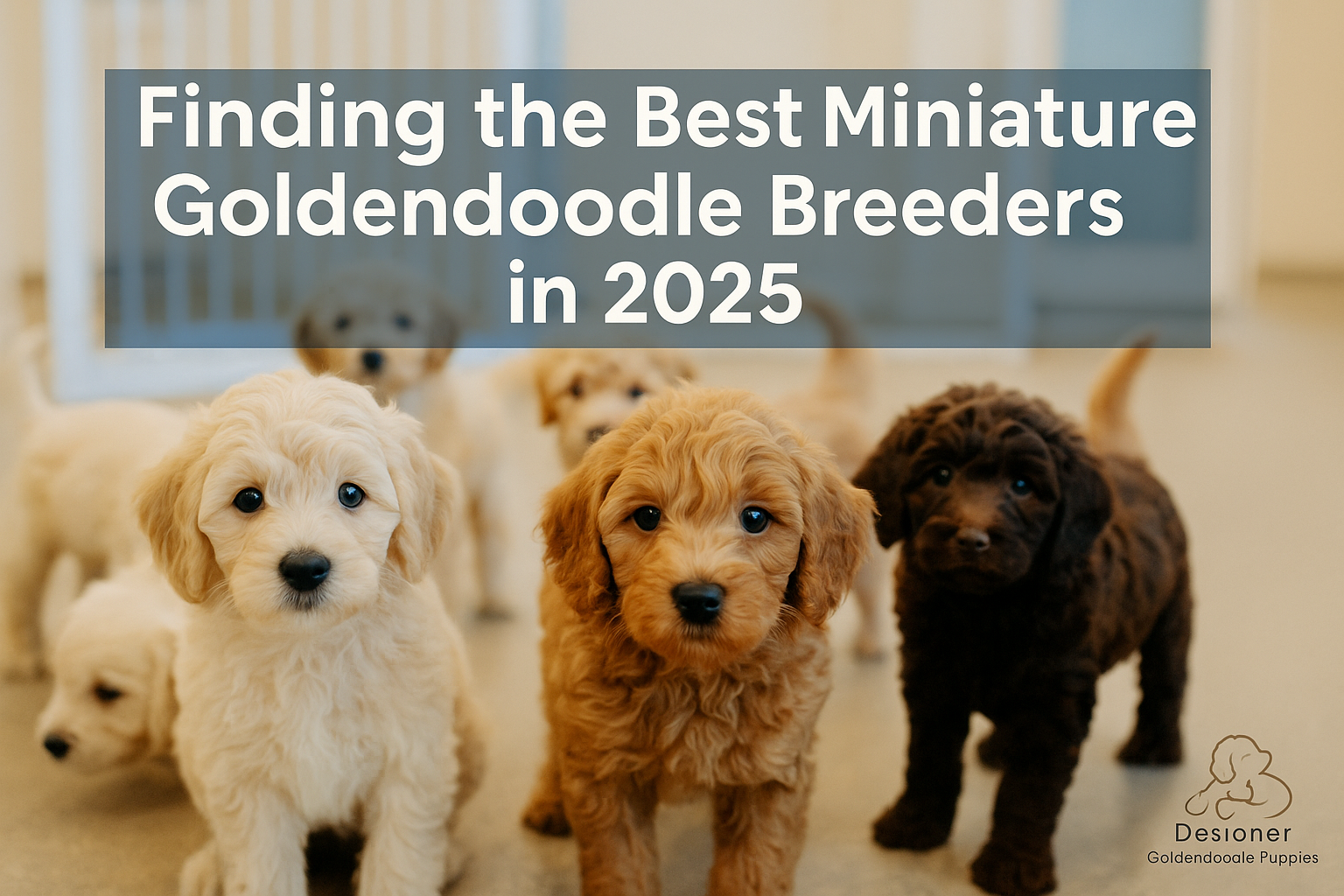 Professional landscape hero image (1536x1024) featuring bold text overlay 'Finding the Best Miniature Goldendoodle Breeders in 2025' in extr