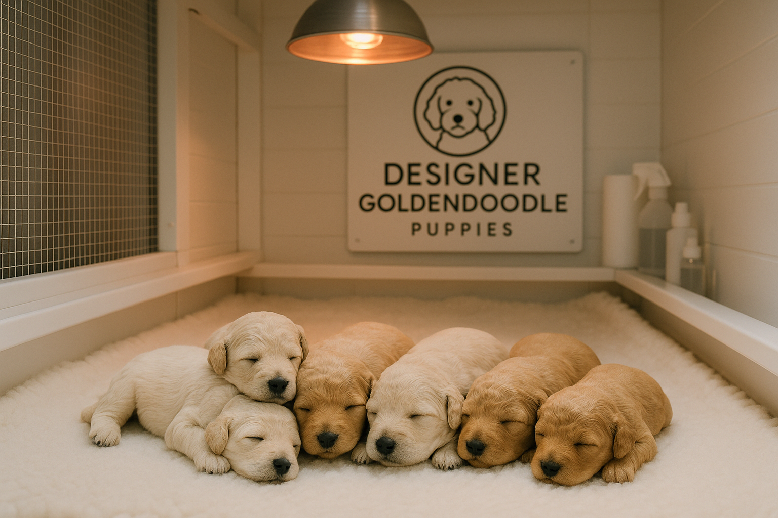 Landscape editorial image (1536x1024) showing a professional whelping area with miniature goldendoodle puppies nestled in clean bedding, Des