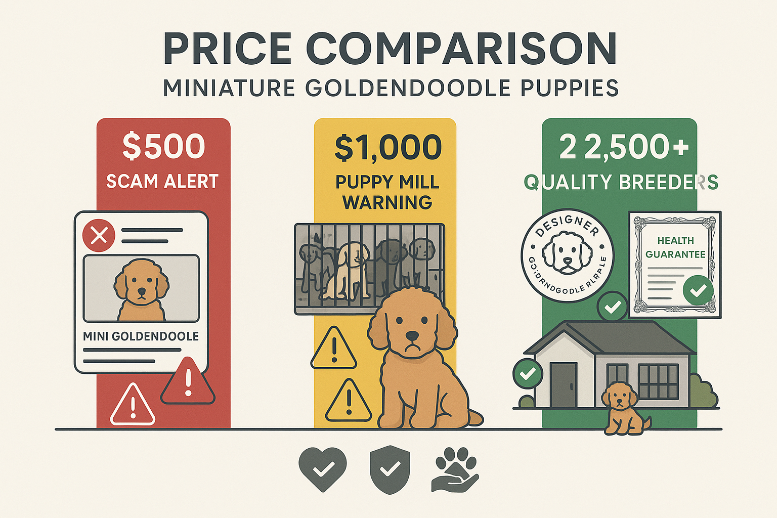 Landscape infographic-style image (1536x1024) displaying price comparison chart for miniature goldendoodle puppies with three distinct tiers