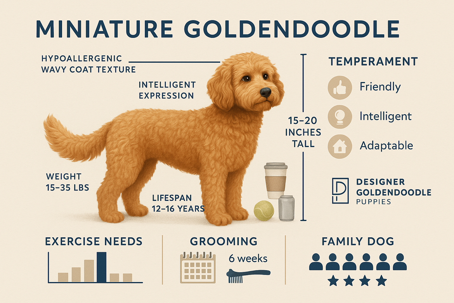 Landscape educational diagram (1536x1024) illustrating miniature goldendoodle breed characteristics with anatomical markers and temperament