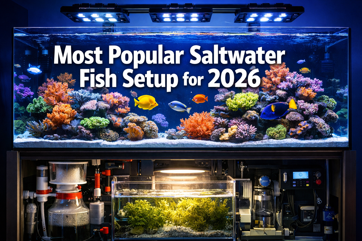 Professional landscape hero image (1536x1024) featuring bold text overlay 'Most Popular Saltwater Fish Setup for 2026' in extra large 72pt w