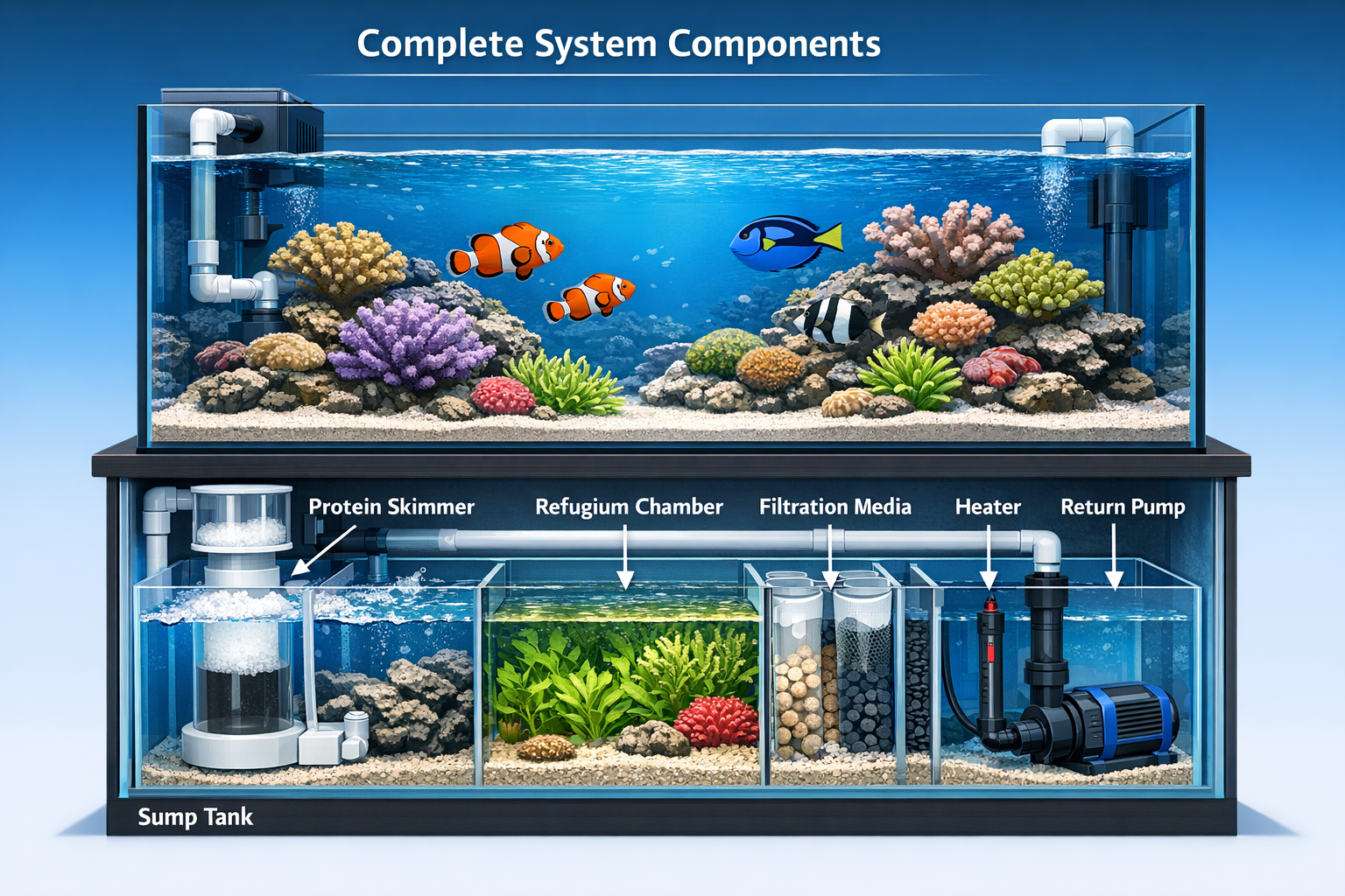 Detailed landscape image (1536x1024) showing cutaway view of complete saltwater aquarium system with labeled components: sump tank, protein 