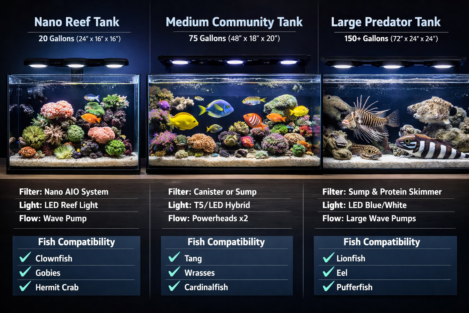 Landscape image (1536x1024) displaying side-by-side comparison of three popular saltwater aquarium setups: nano reef tank (20 gallons), medi