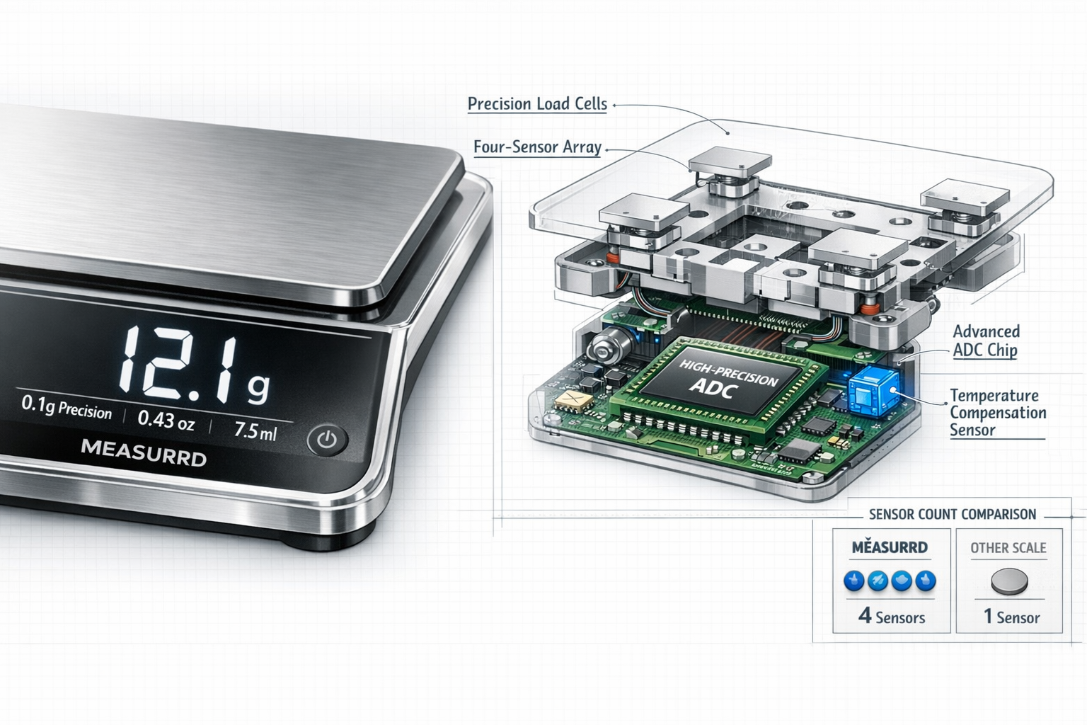 Landscape format (1536x1024) detailed close-up of Measurrd Scale's precision sensor array and digital display showing 0.1-gram accuracy meas