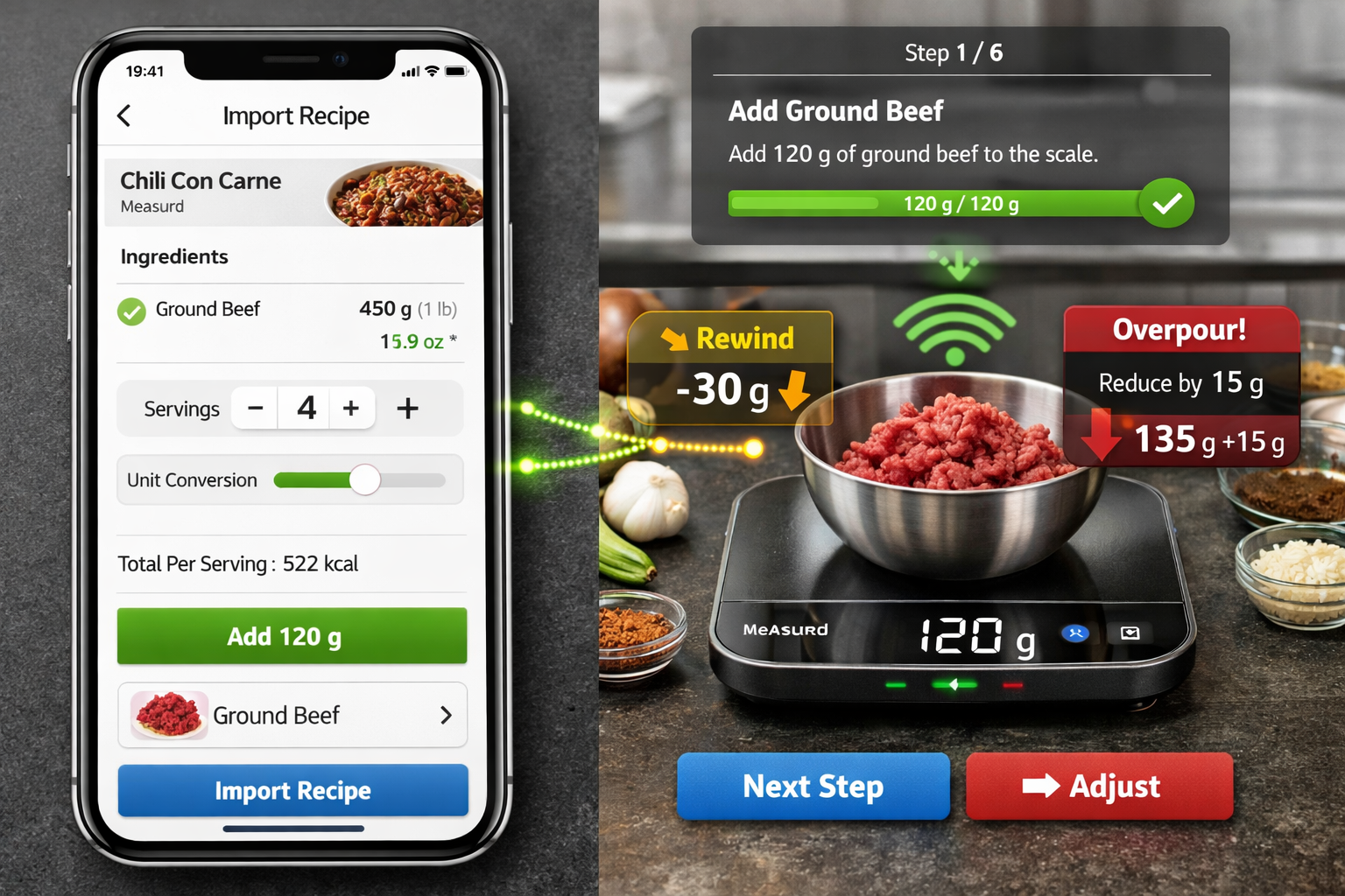 Landscape format (1536x1024) split-screen composition showing Measurrd Scale mobile app interface on left half with recipe import feature, a