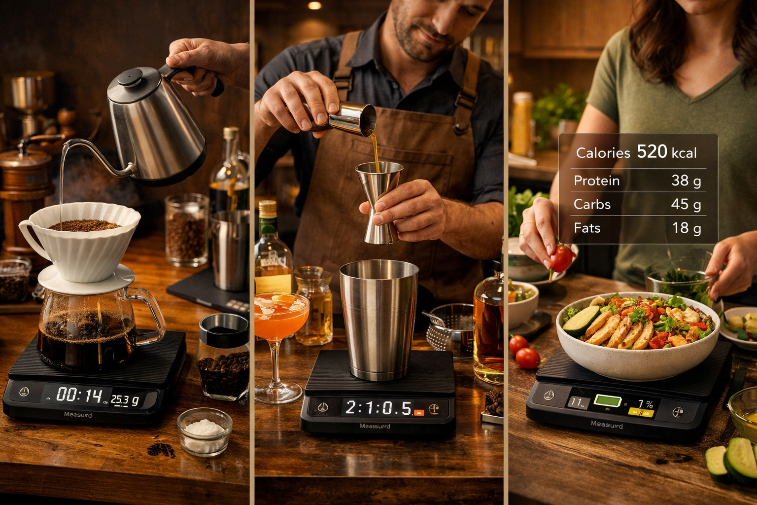 Landscape format (1536x1024) lifestyle scene showcasing multiple Measurrd Scale use cases: foreground shows barista preparing pour-over coff