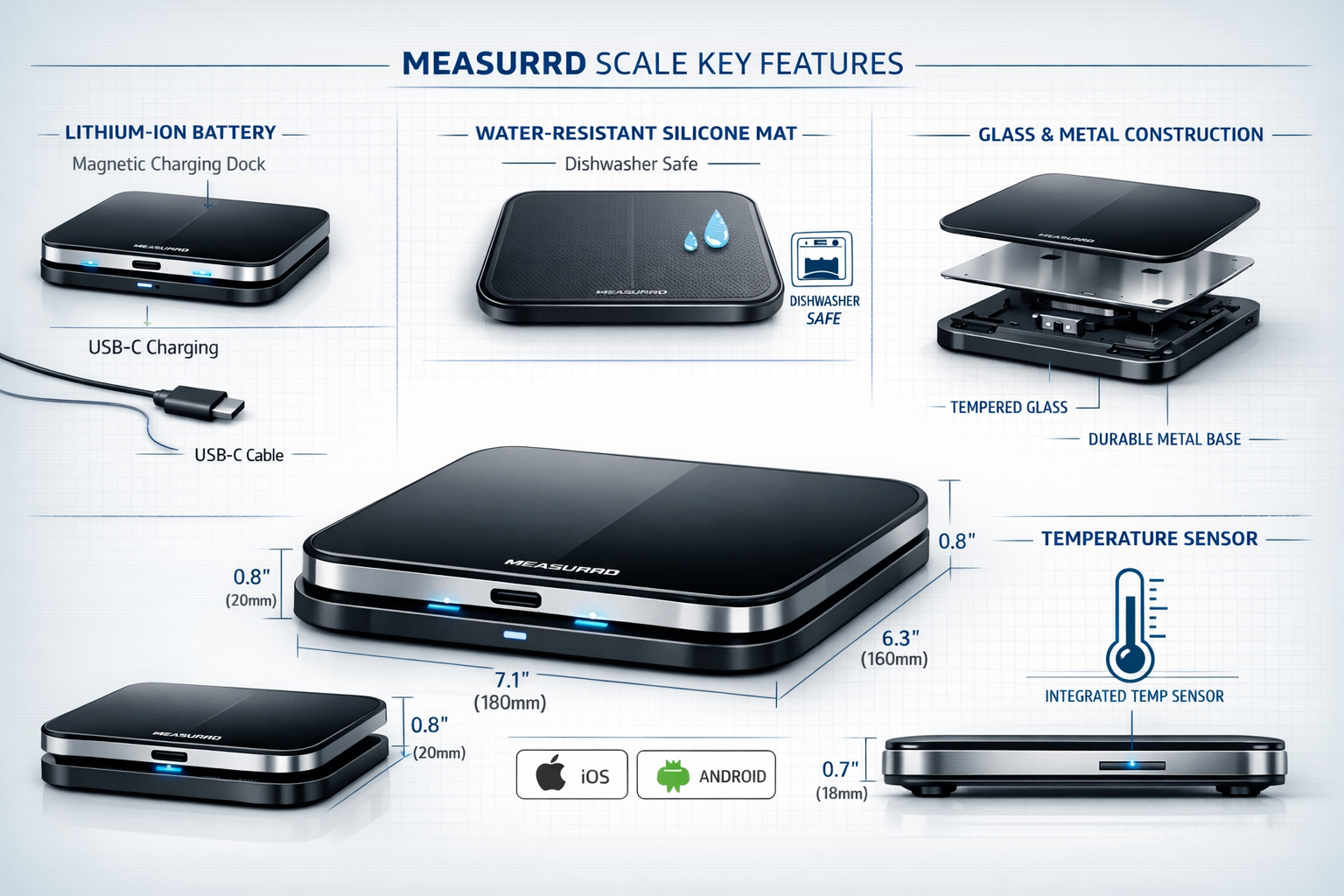 Landscape format (1536x1024) technical specifications infographic displaying Measurrd Scale's key features in clean, organized layout: lithi