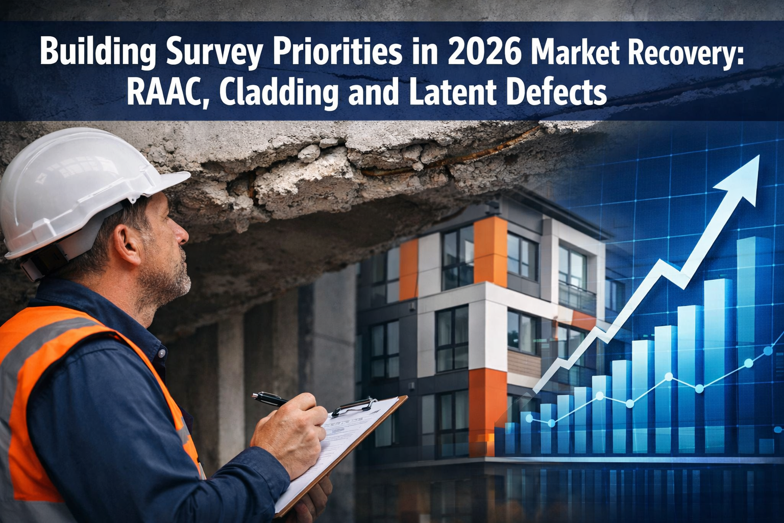 Professional () hero image featuring 'Building Survey Priorities in 2026 Market Recovery: RAAC, Cladding and Latent Defects'