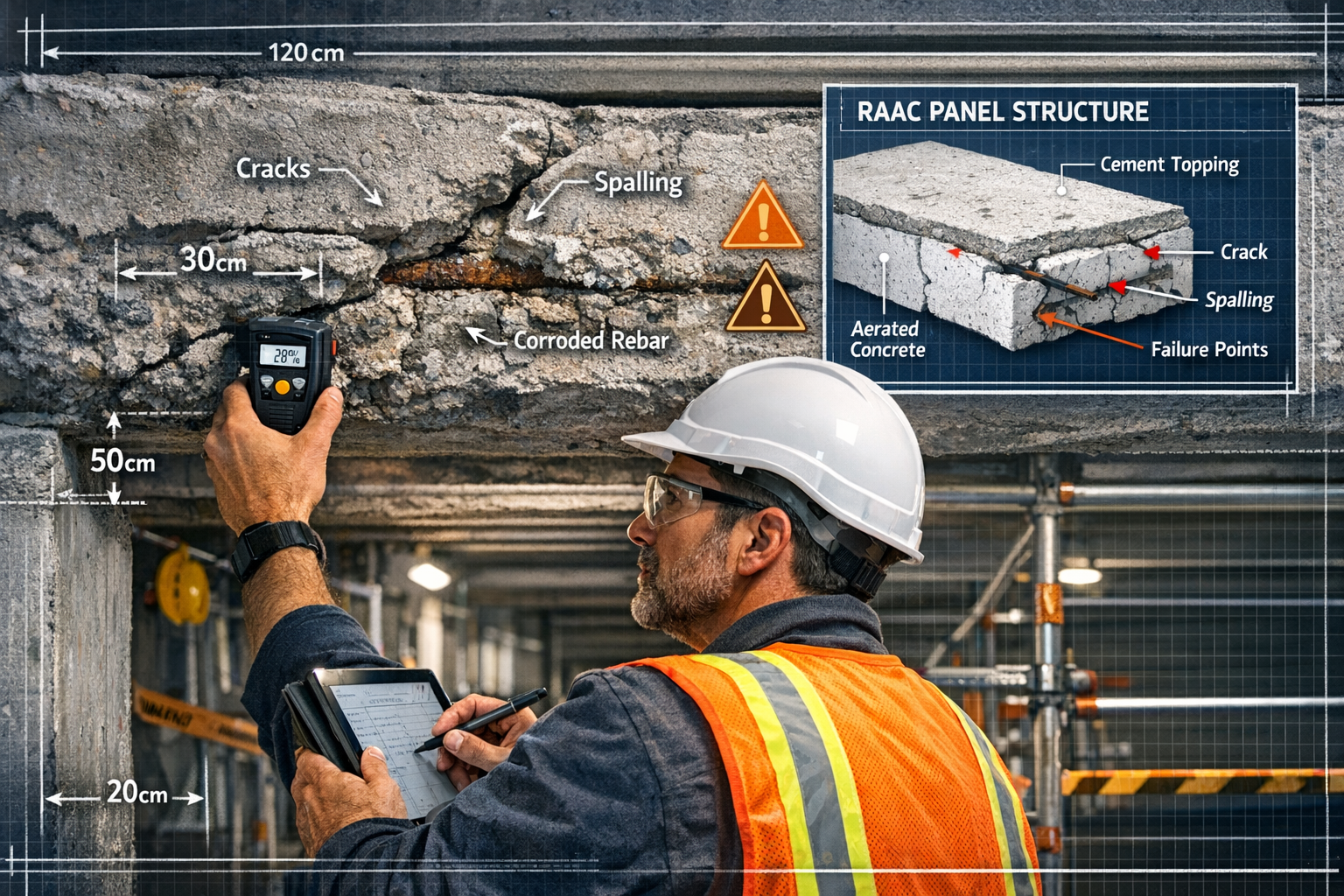 Detailed () image showing professional building surveyor in safety vest conducting detailed RAAC concrete inspection inside