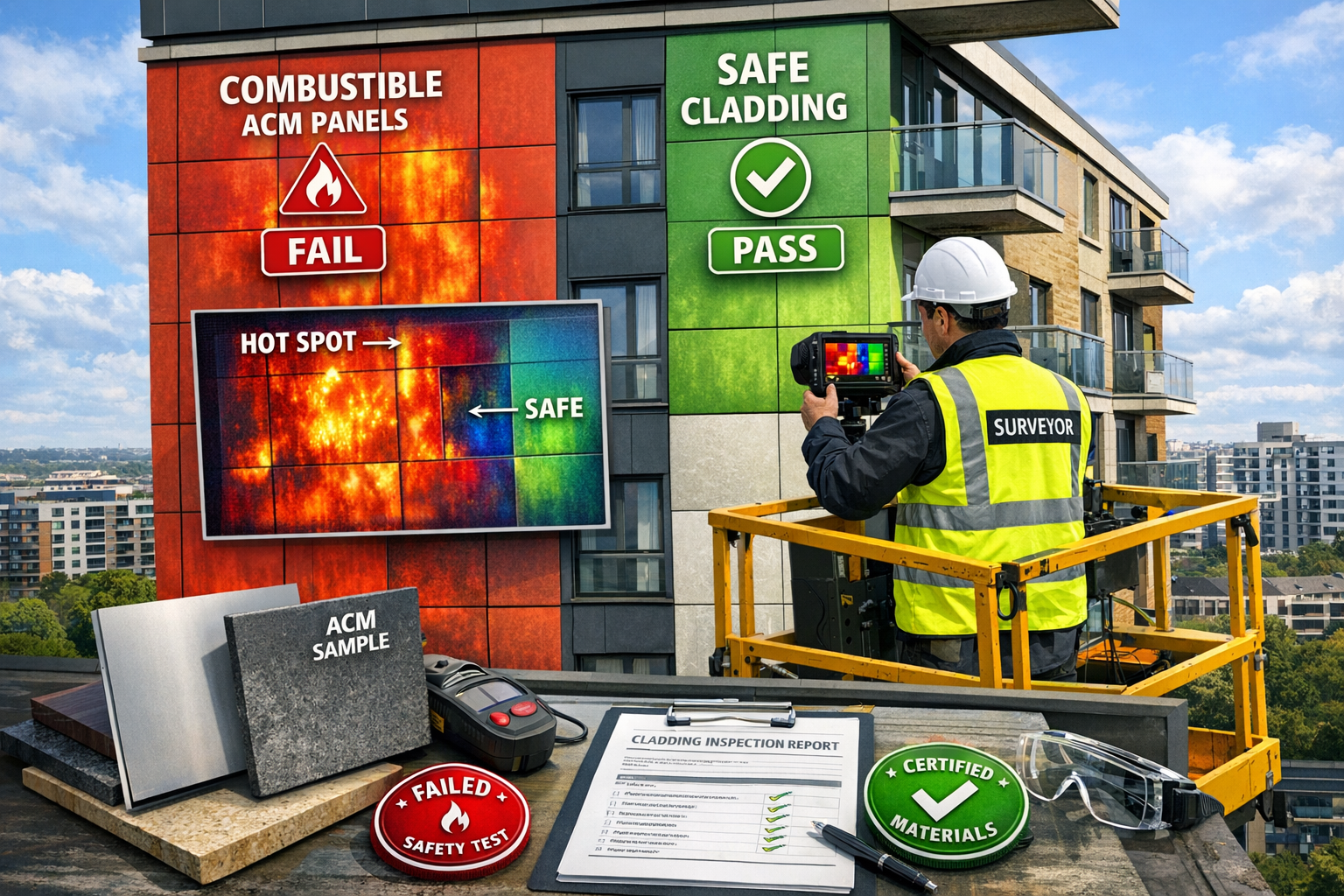 Detailed () image depicting modern apartment building facade with problematic cladding panels being inspected by chartered