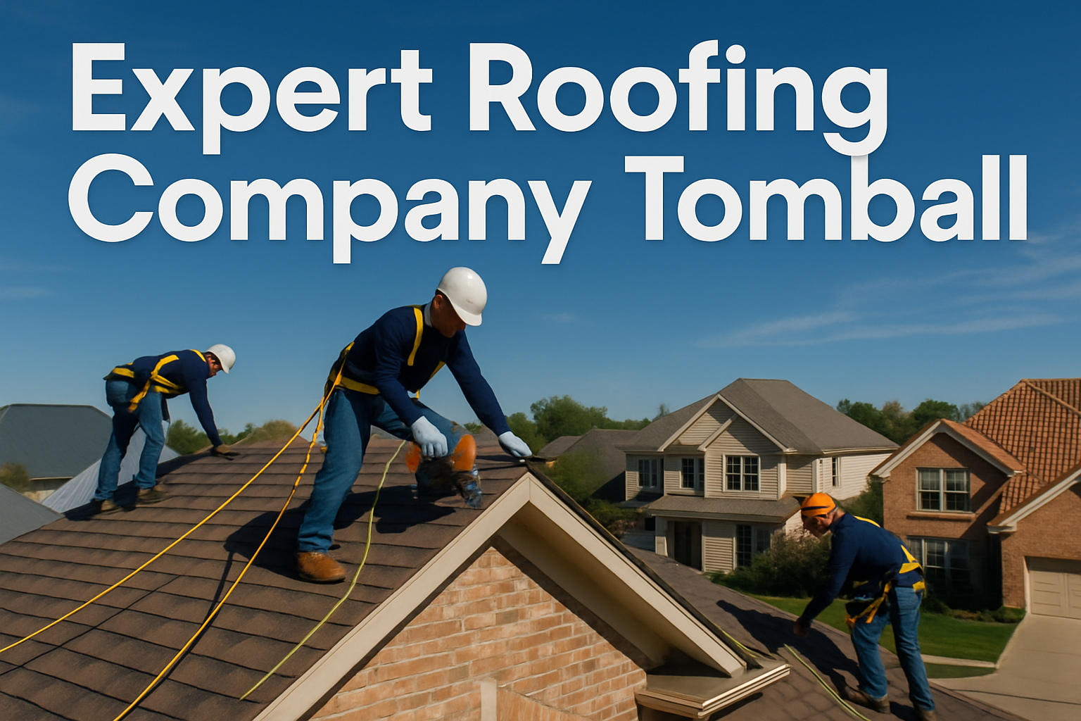 Professional landscape hero image (1536x1024) featuring bold text overlay 'Expert Roofing Company Tomball' in extra large 72pt white sans-se