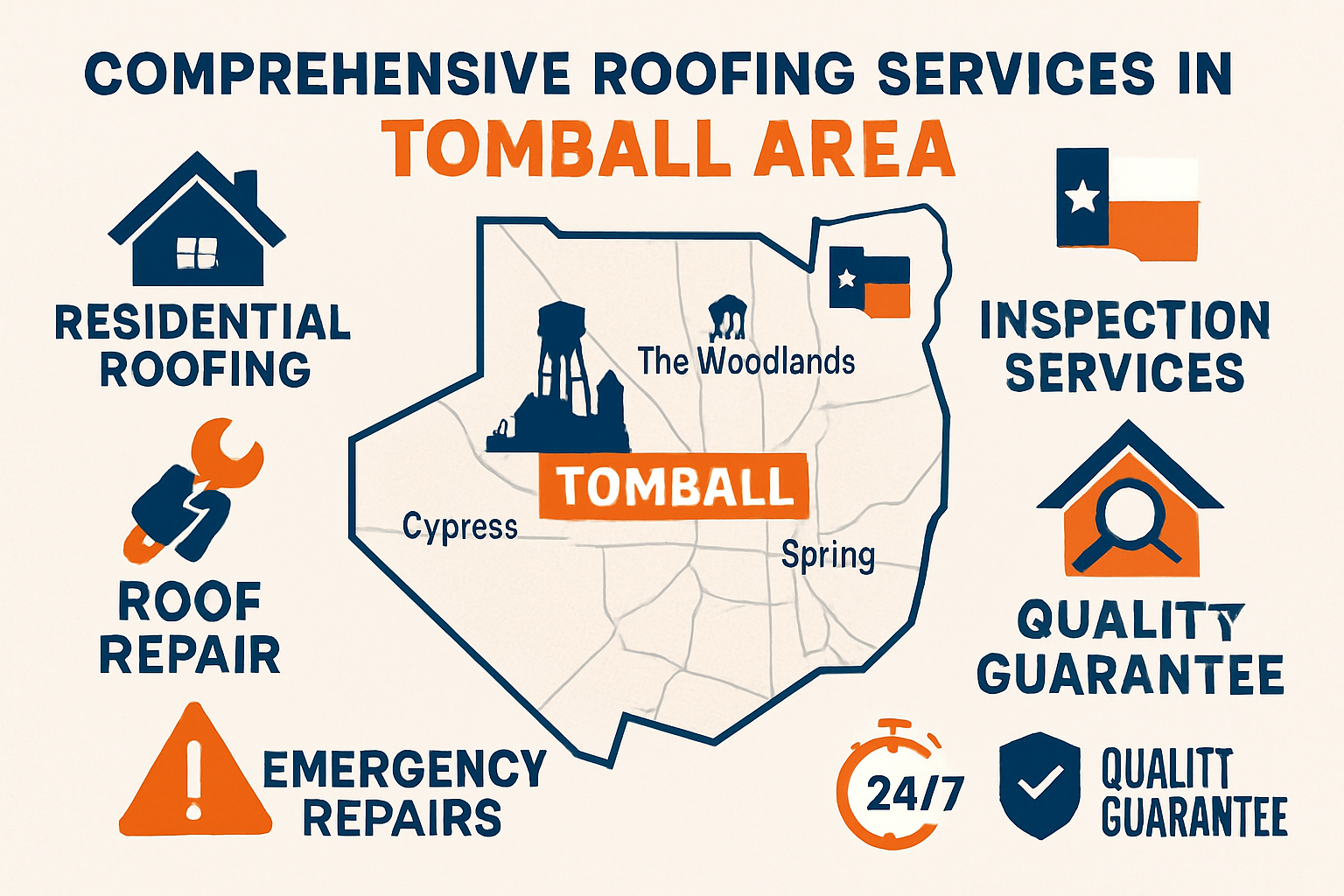 Detailed infographic showing comprehensive roofing services available in Tomball area (1536x1024). Visual elements include icons for residen