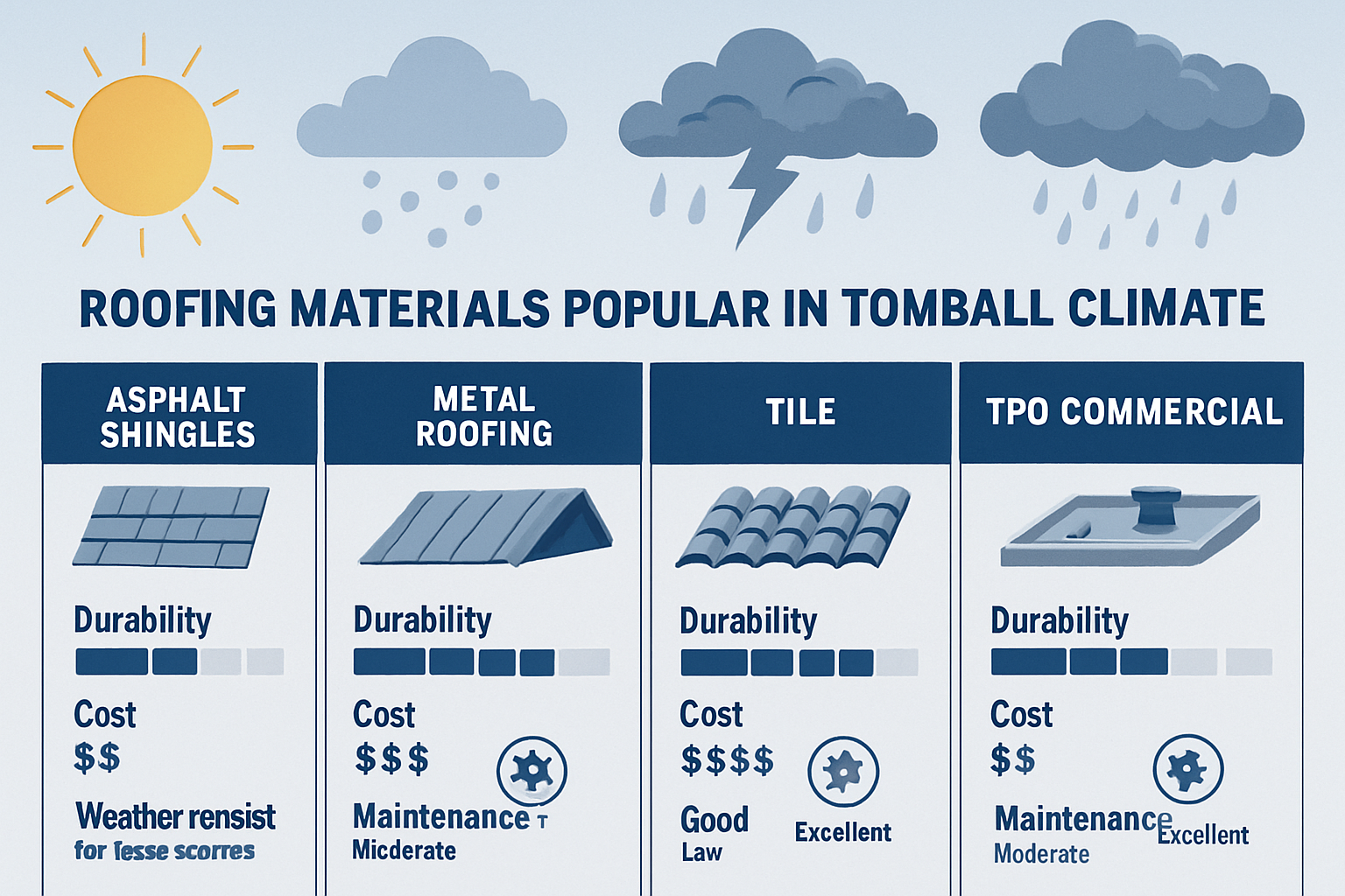 Professional comparison chart showing different roofing materials popular in Tomball climate (1536x1024). Visual includes side-by-side compa
