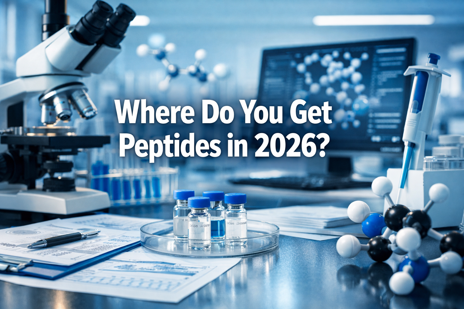 Professional landscape hero image (1536x1024) with bold text overlay 'Where Do You Get Peptides in 2026?' in 70pt white sans-serif font with