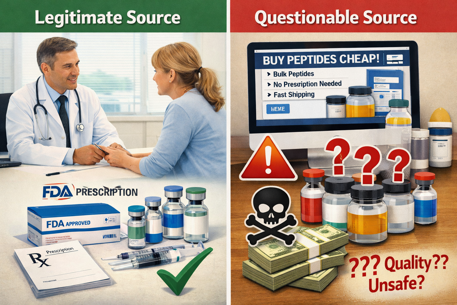 Split-screen composition showing legitimate vs questionable peptide sources: left side displays professional medical clinic with doctor cons