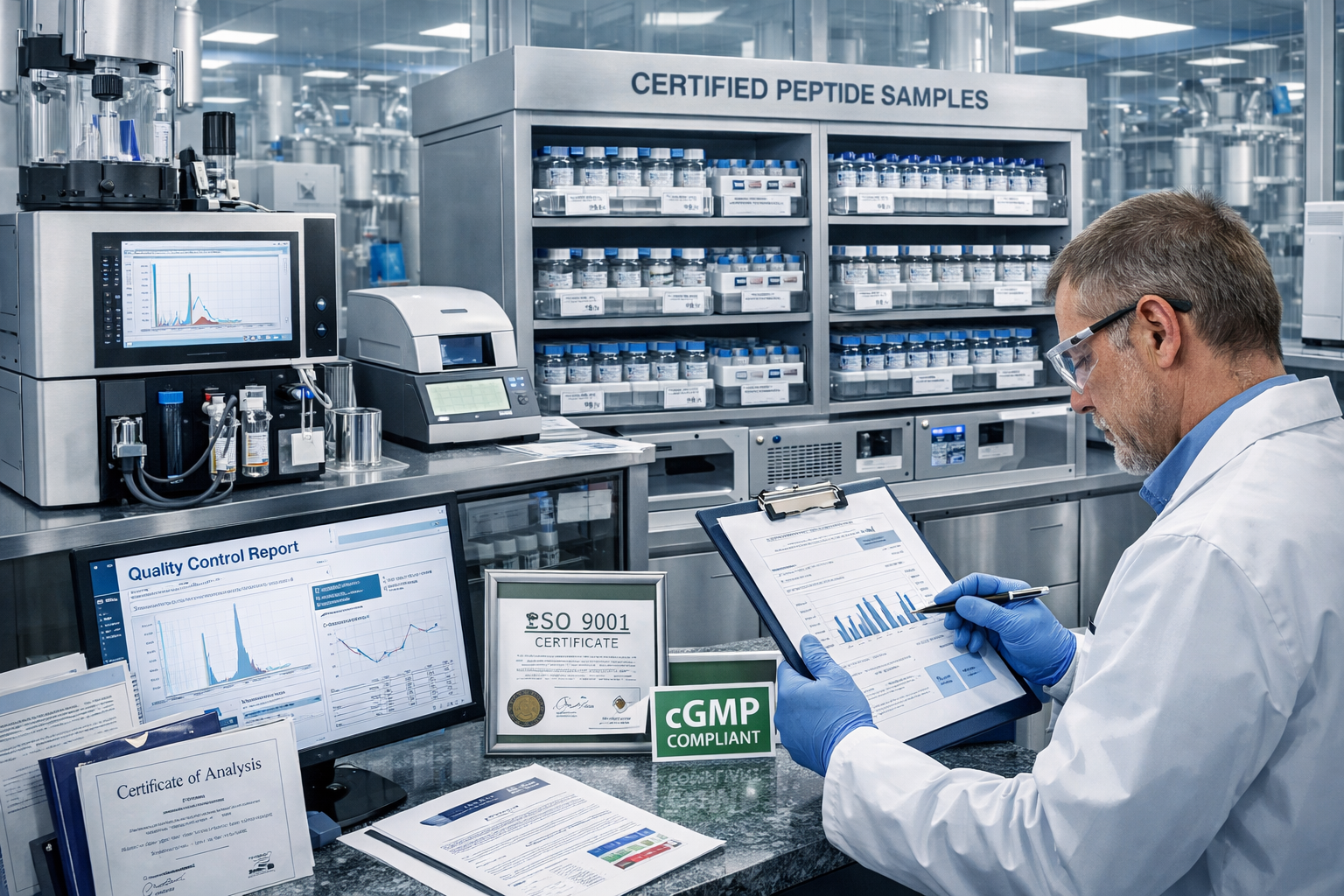 High-tech laboratory interior with quality control equipment, purity testing machines, certified peptide samples in organized storage, scien