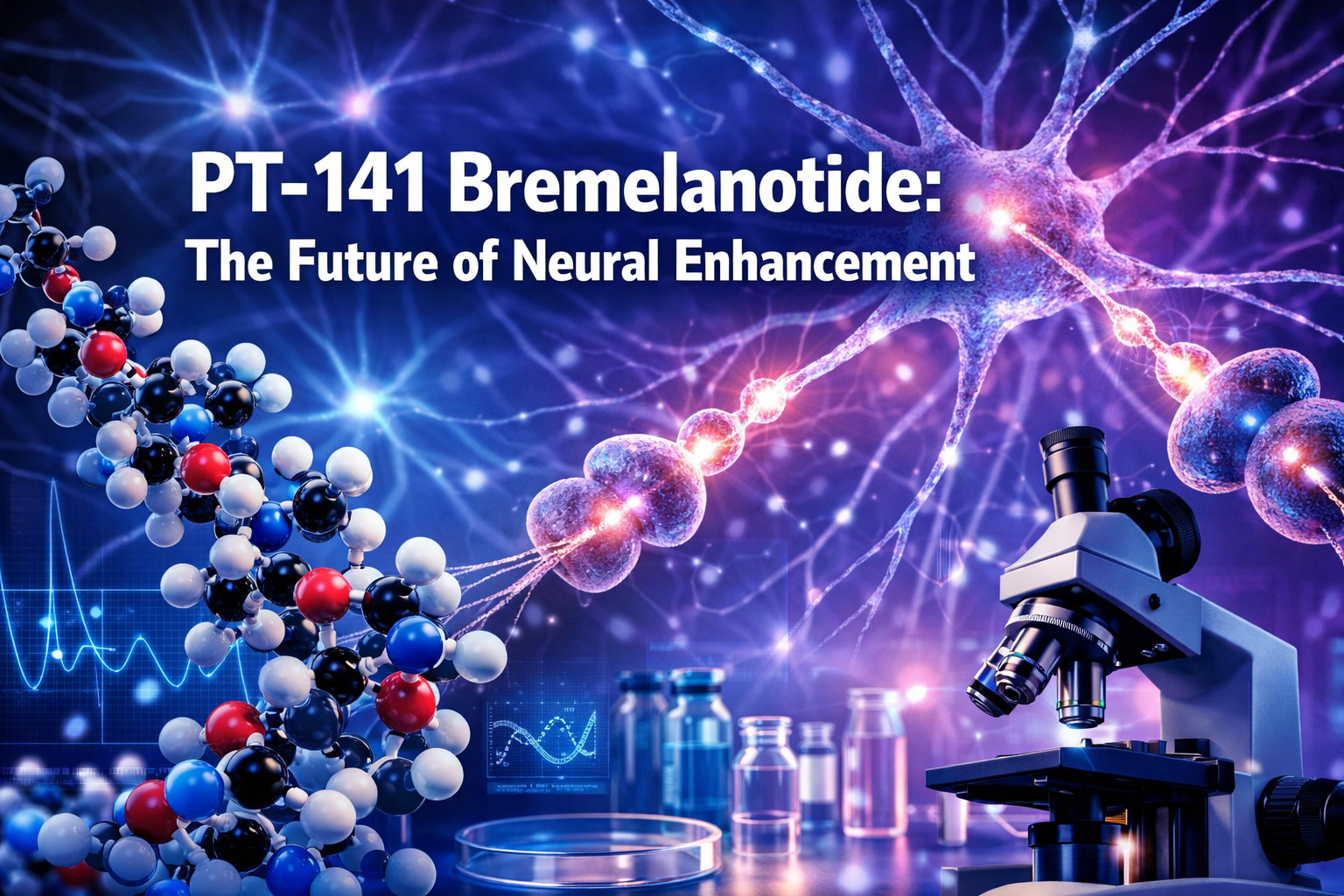 Professional landscape format (1536x1024) hero image with bold text overlay 'PT-141 Bremelanotide: The Future of Neural Enhancement' in 72pt