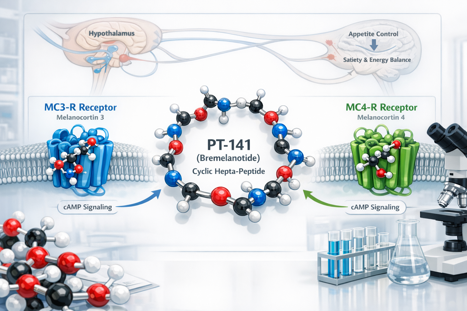 Detailed landscape format (1536x1024) scientific visualization showing PT-141 bremelanotide molecular structure with melanocortin receptor M