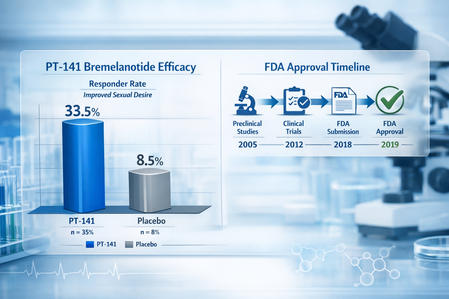Professional landscape format (1536x1024) clinical research visualization featuring PT-141 bremelanotide efficacy data charts showing 33.5% 