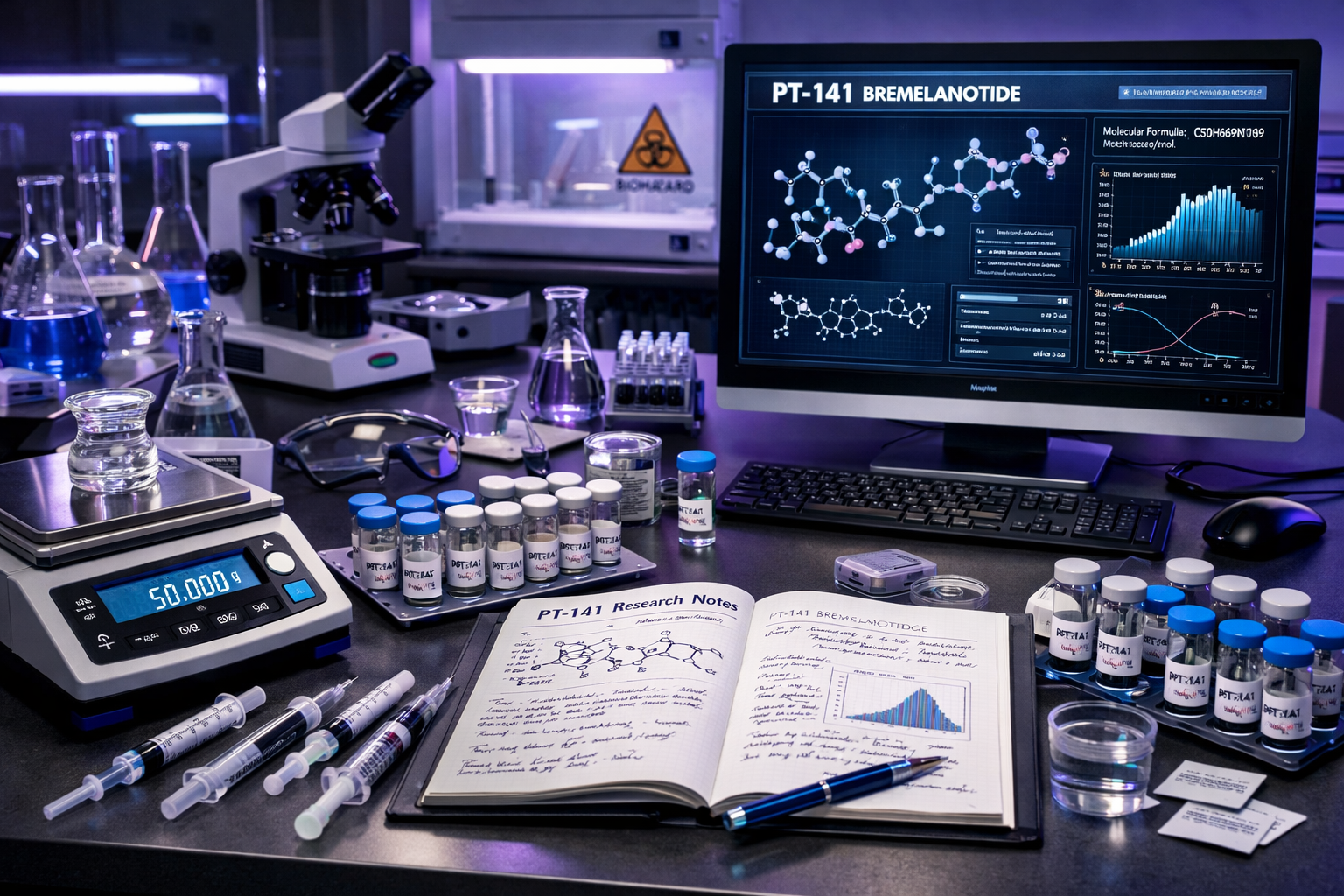 Detailed landscape format (1536x1024) biohacker workspace showing PT-141 bremelanotide research setup with peptide vials, precision scales, 