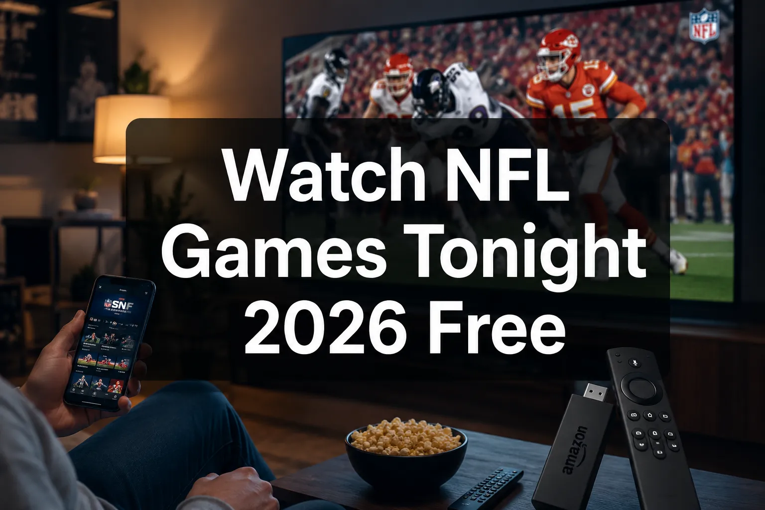 Professional () hero image with 'Watch NFL Games Tonight 2026 Free' in crisp white on a dark semi-transparent panel,