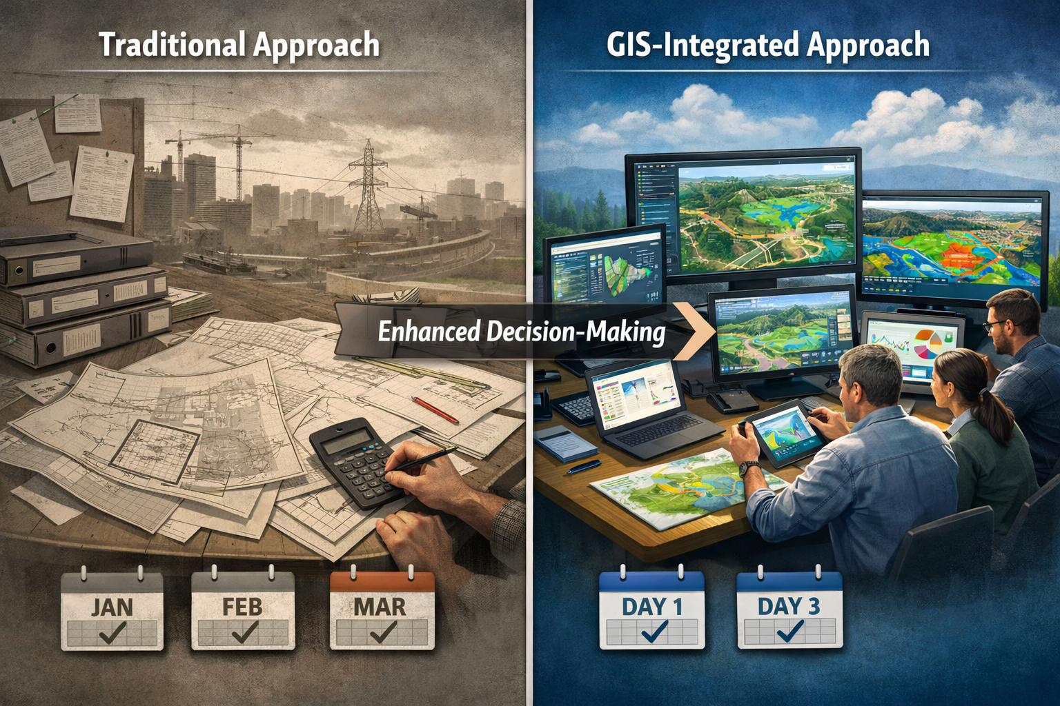 Landscape format (1536x1024) before-and-after comparison showing infrastructure planning transformation through GIS integration. Left half l