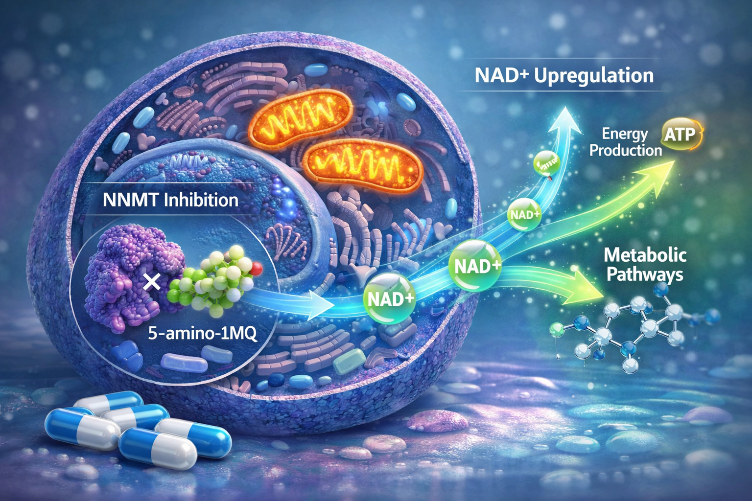 A detailed, editorial quality landscape image (1536x1024) illustrating the intricate cellular mechanism of 5 amino 1 mq capsules. The centra