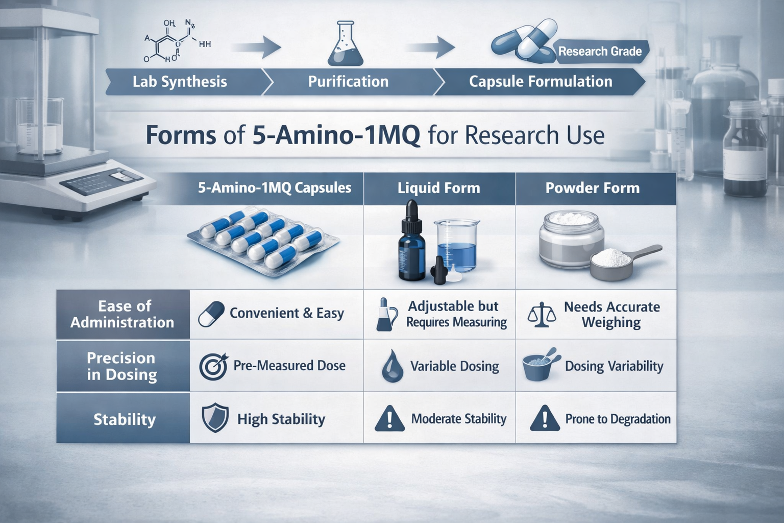 An infographic-style landscape image (1536x1024) presenting a comparison of different research forms of 5-amino-1MQ, specifically highlighti