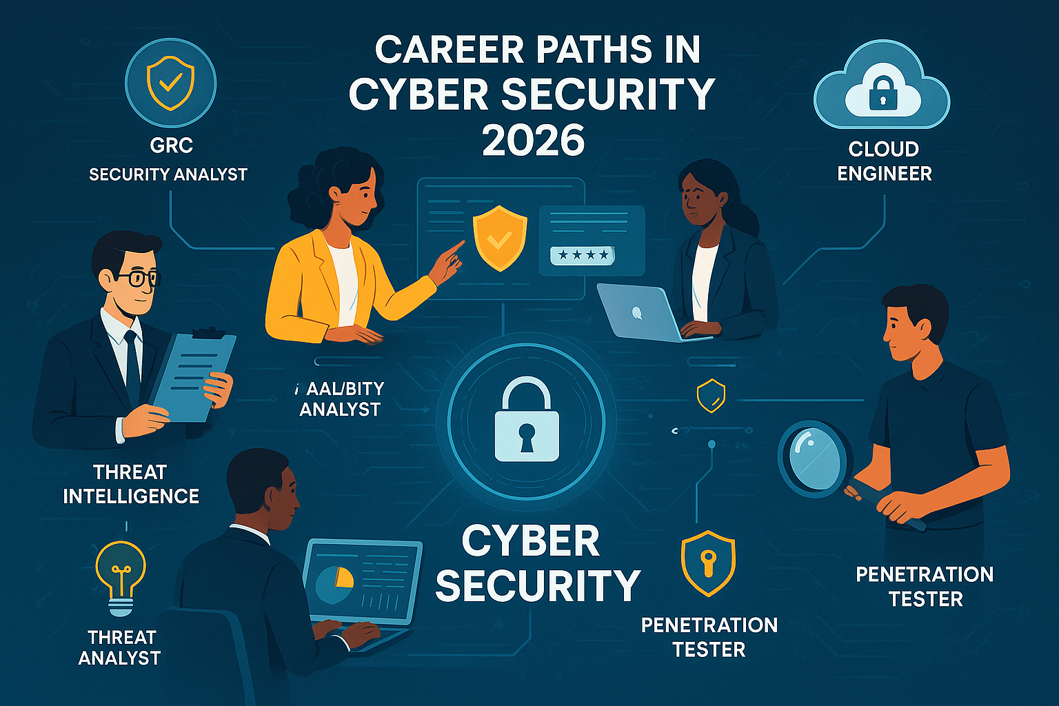 Dynamic infographic illustrating diverse Career Paths in Cyber Security for 2026, showcasing various specialties like GRC, SOC, Cloud Securi