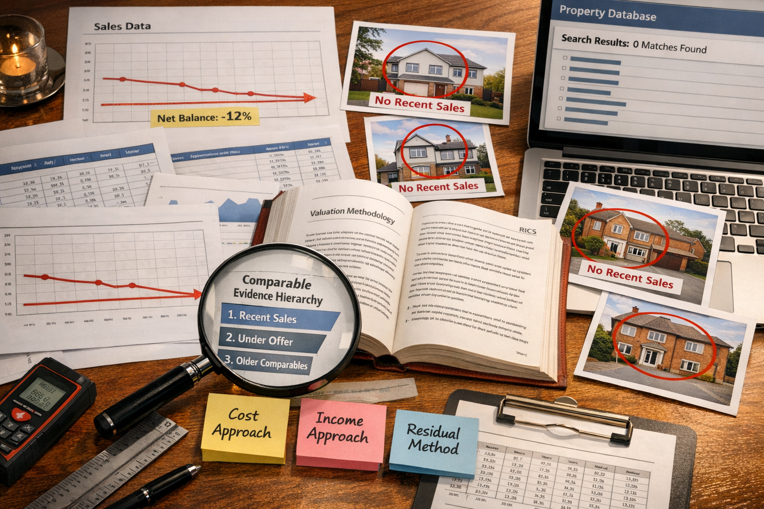 Detailed () image showing close-up of surveyor's desk workspace with multiple property comparable evidence documents spread