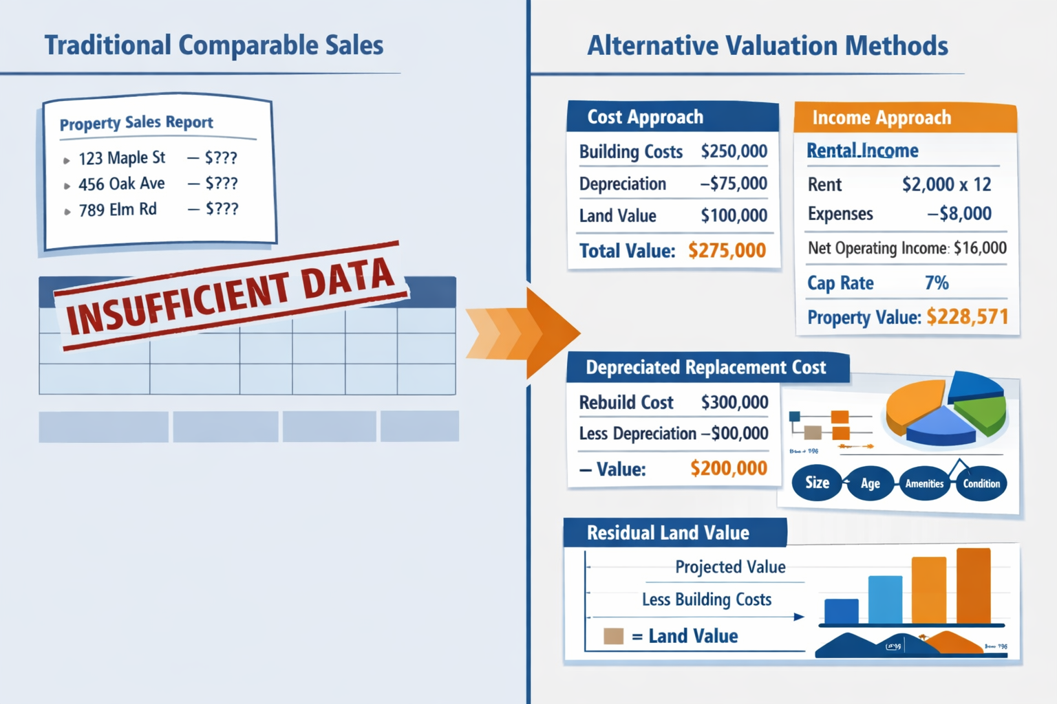 Detailed () split-screen composition image showing left side: traditional comparable sales method with crossed-out