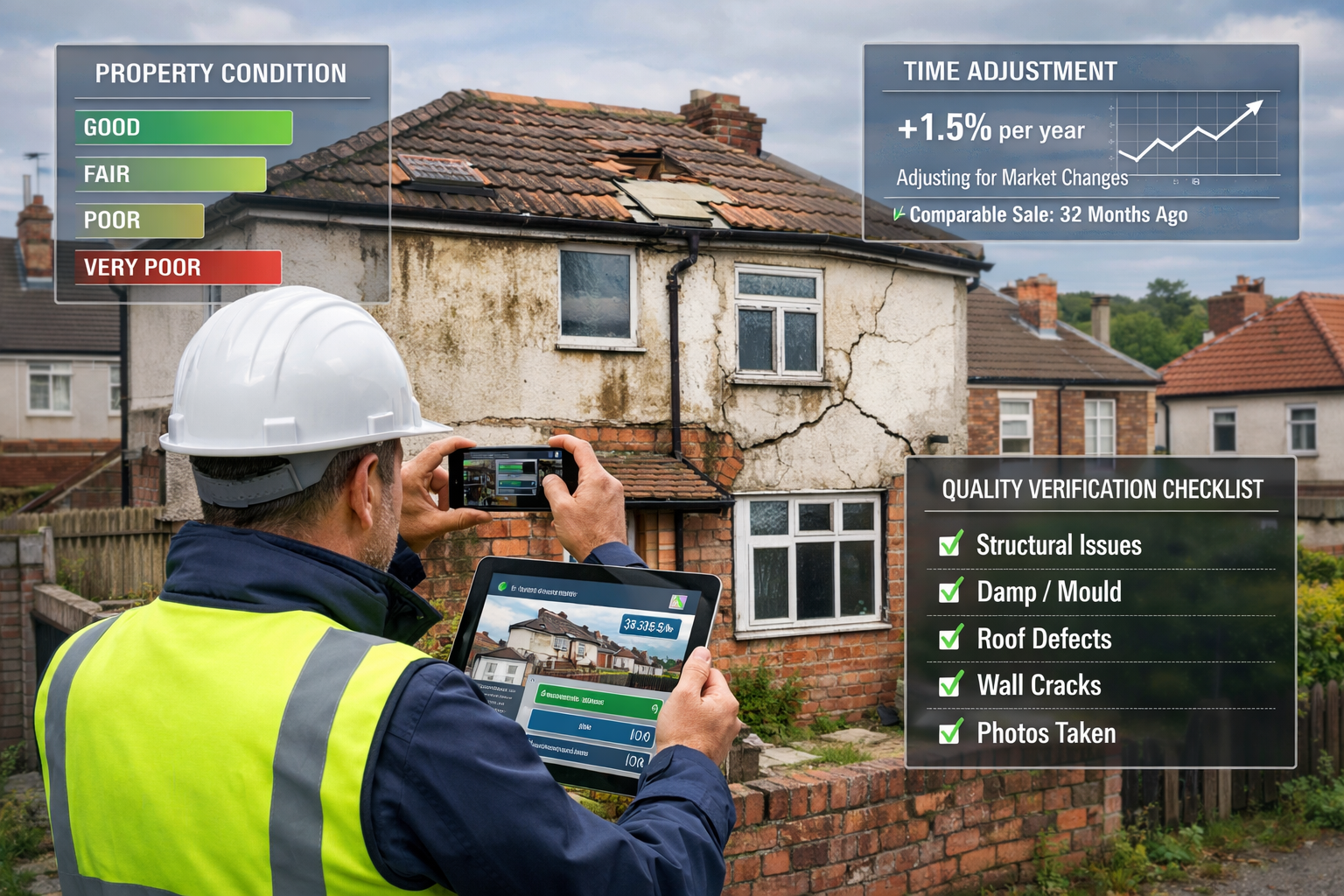 Detailed () image showing professional building surveyor conducting site inspection with tablet device displaying digital