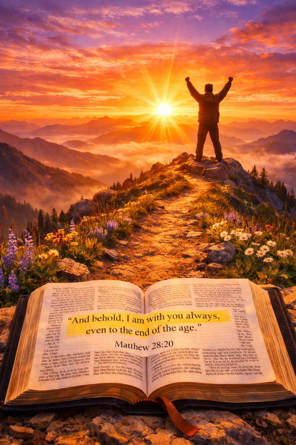 Portrait format (1024x1536) image featuring person standing on mountaintop with arms raised in victory and worship, sunrise breaking over ho