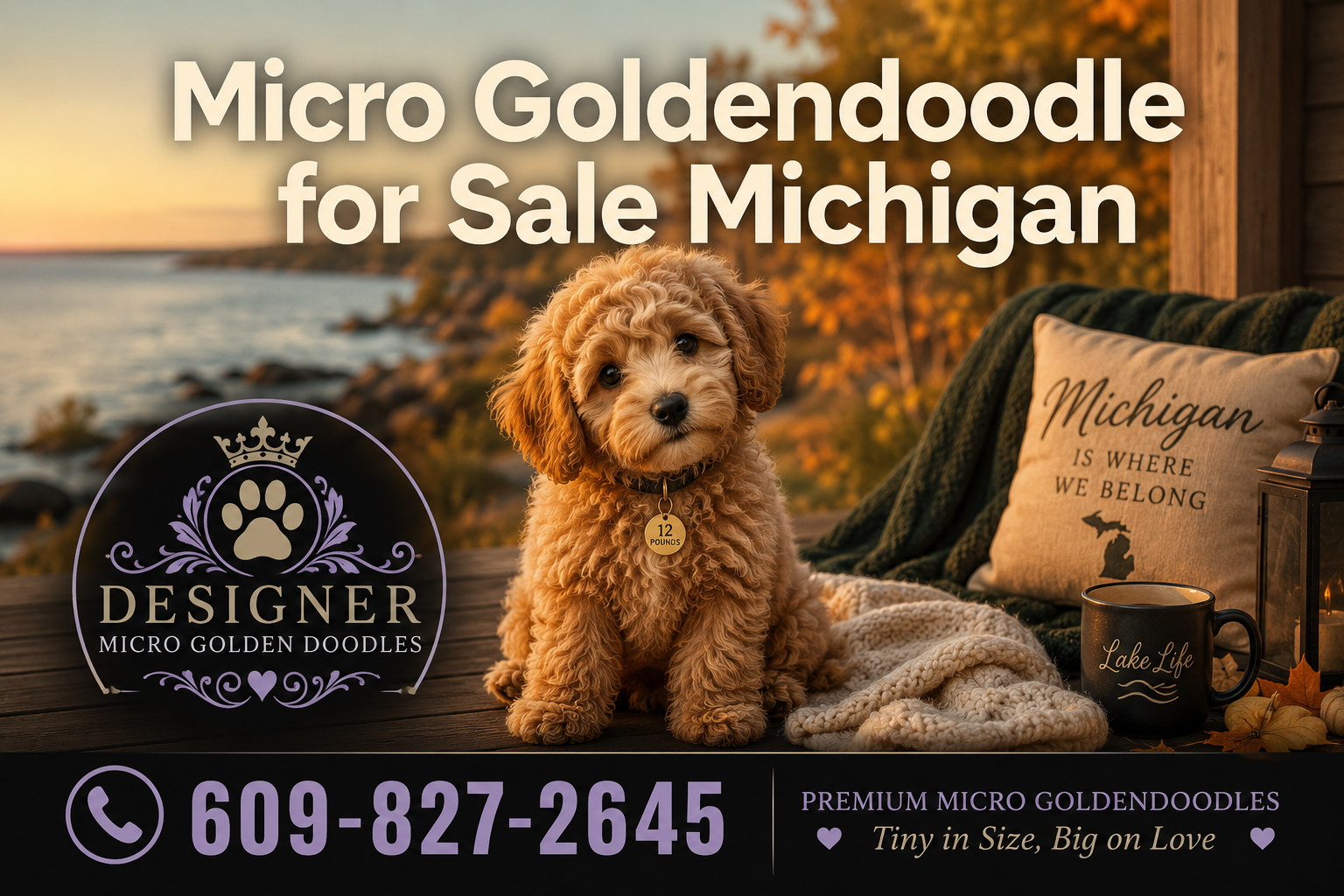 Professional () hero image with : 'Micro Goldendoodle for Sale Michigan', positioned in upper-third center. Background shows