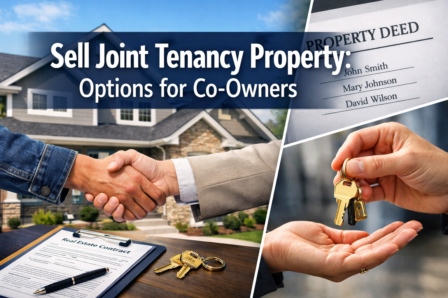 Professional landscape format (1536x1024) hero image featuring bold text overlay 'Sell Joint Tenancy Property: Options for Co-Owners' in ext