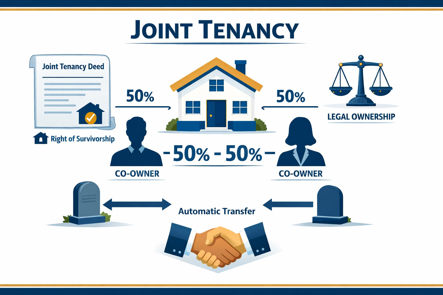 Detailed landscape format (1536x1024) illustration showing joint tenancy property ownership structure with visual diagram. Central house ico