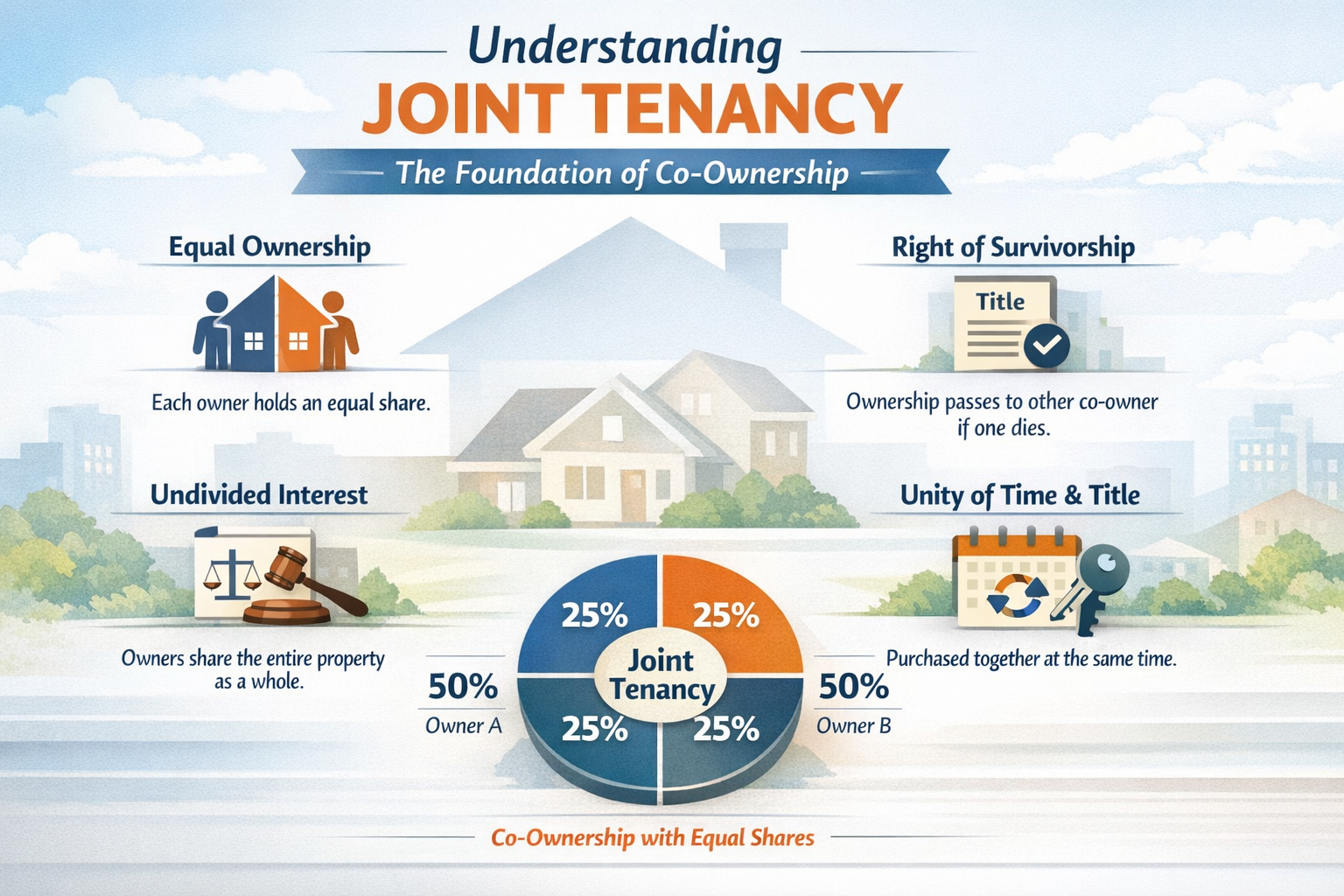 Professional infographic for article "Sell Joint Tenancy Property: Options for Co-Owners", section: "Understanding Joint Tenancy: The Founda