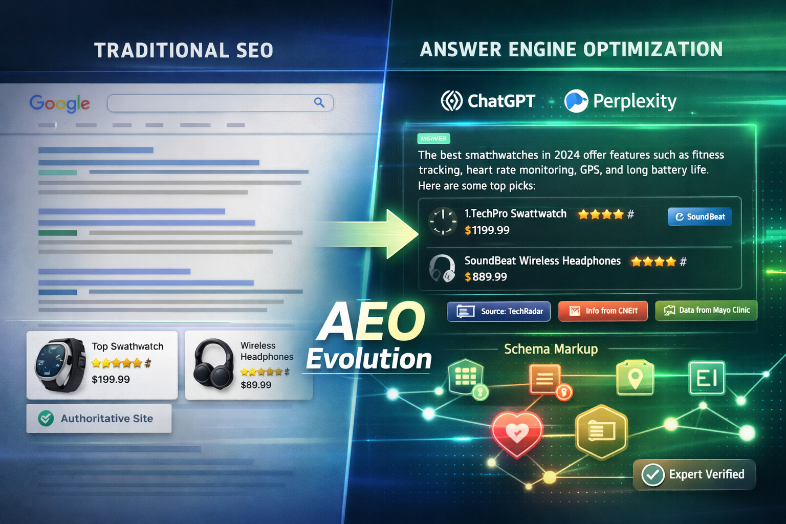 Landscape format (1536x1024) editorial image showing split-screen comparison of traditional SEO versus Answer Engine Optimization. Left side