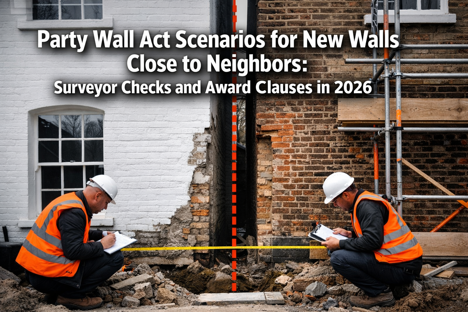 Professional () hero image featuring 'Party Wall Act Scenarios for New Walls Close to Neighbors: Surveyor Checks and Award